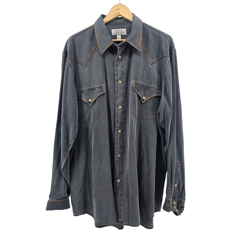 Ryan Michael Western Shirt Mens XL Gray Silk Cotton Snap Front Contrast Stitch